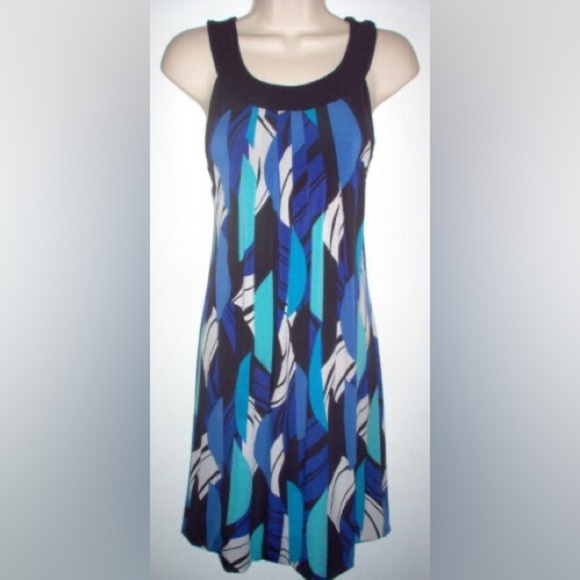 ELLE Sleeveless Geometric Print Shift Dress- Blue/Black/White Size X-Small - Picture 1 of 5